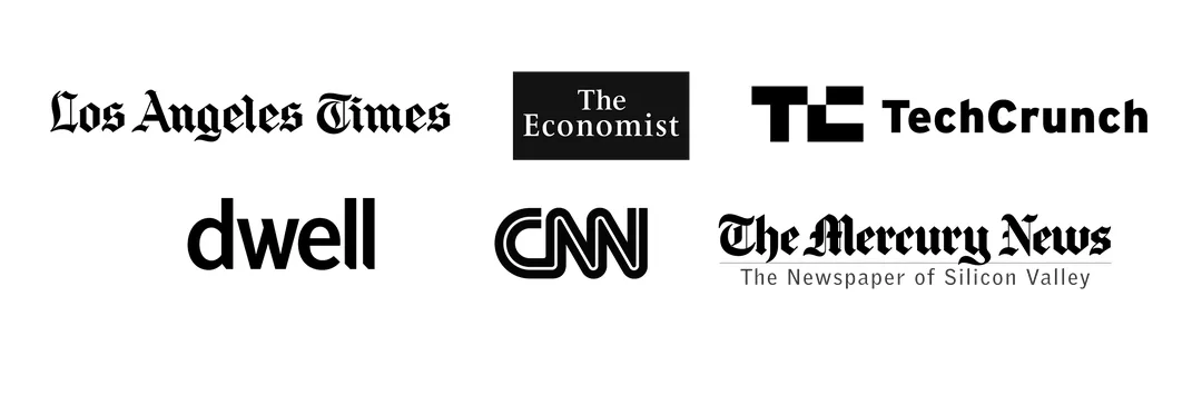 Homestead press logos — LA Times, The Economist, TechCrunch, Dwell, CNN, Mercury News