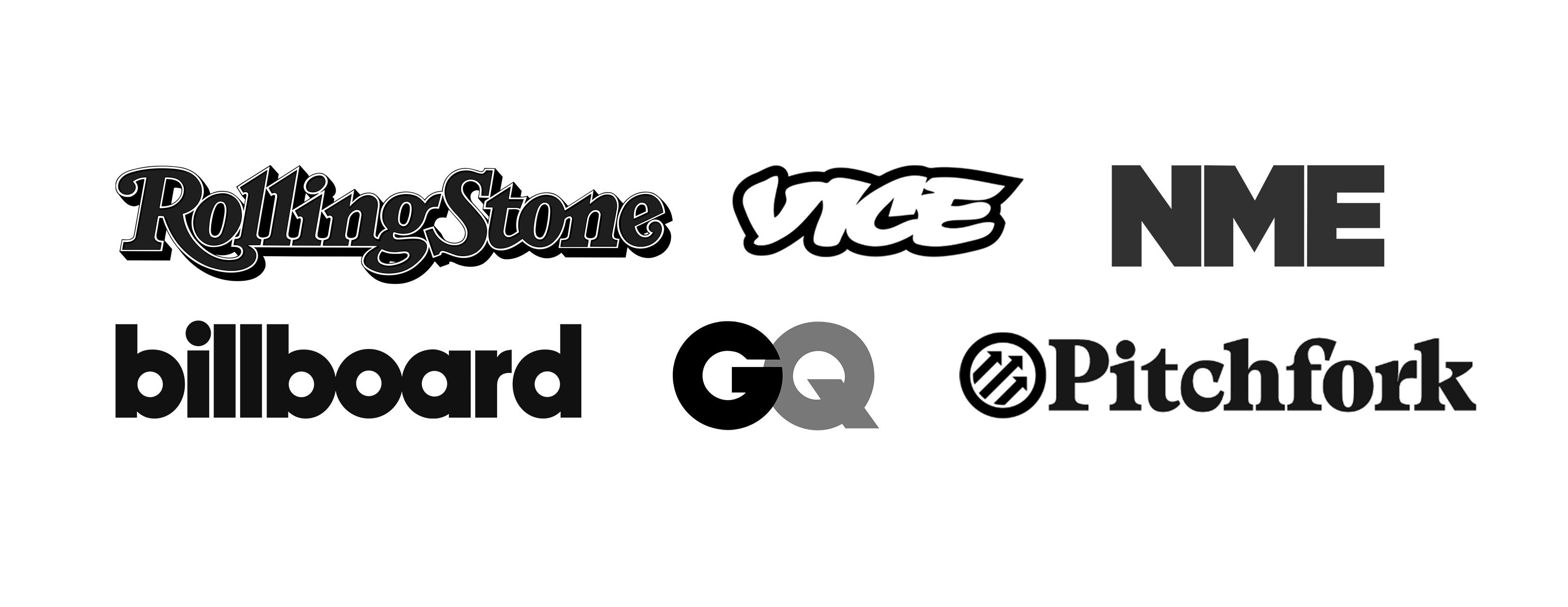 Photography press logos — Rolling Stone, Vice, NME, Billboard, GQ, Pitchfork